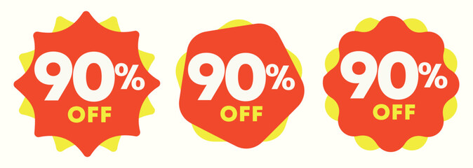 90% off. Special offer sticker, label, tag. Value discount poster, price. Shapes in yellow and red. Promo, discount, sale, store, retail, mall. Icon, vector