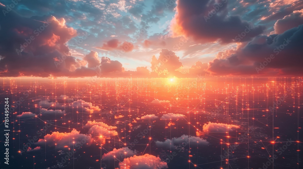Poster iot devices linked by glowing nodes in clouds, sunrise glow, wide angle, seamless cloud-based ecosys