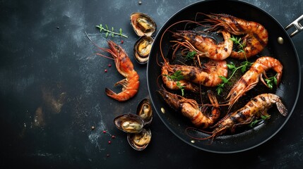Cooked shrimp with herbs and spices in a pan on a dark background with copy space. Top view