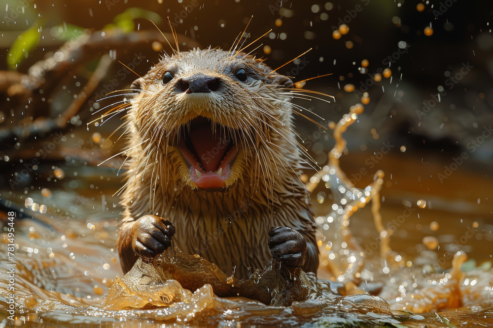 Poster a playful otter sliding down a riverbank on a makeshift slide of mud and grass, laughing joyfully as