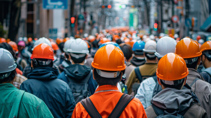 A large crowd of construction workers wearing hard hats is walking down a city street.