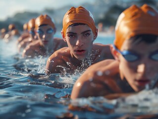 A group of young swimmers wearing orange swim caps are in the water. Scene is energetic and competitive, as the swimmers are likely preparing for a race or practice - obrazy, fototapety, plakaty