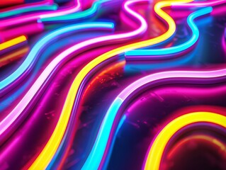 Colorful neon light trails on a reflective surface.