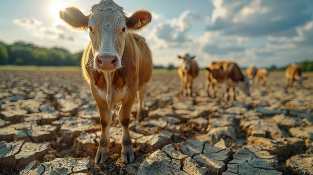 Curious cow on dry cracked earth