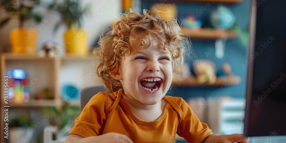 Poster cheerful child laughing joyfully while engaging with educational computer game in cozy home setting