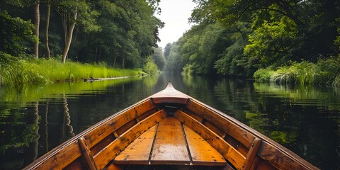Serene Journey Through Lush Countryside on a Narrow Boat Along a Tranquil Canal