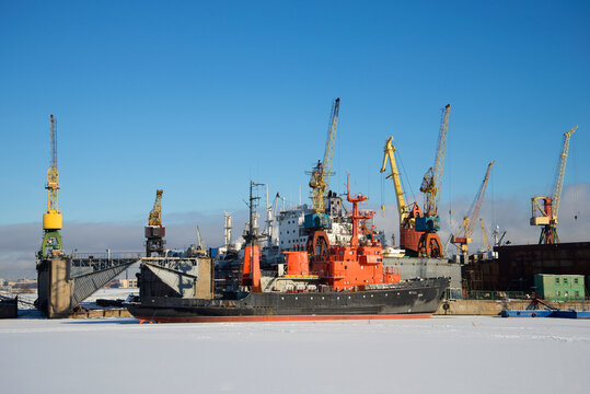 ST. PETERSBURG, RUSSIA - FEBRUARY 17, 2016: The sea rescue tugboat "Zeya" at the shipyard