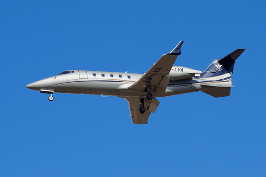 SAINT PETERSBURG, RUSSIA - MARCH 20, 2016: Bombardier Learjet 60 (ES-LVA) aircraft of Panaviatic airlines before landing at Pulkovo airport