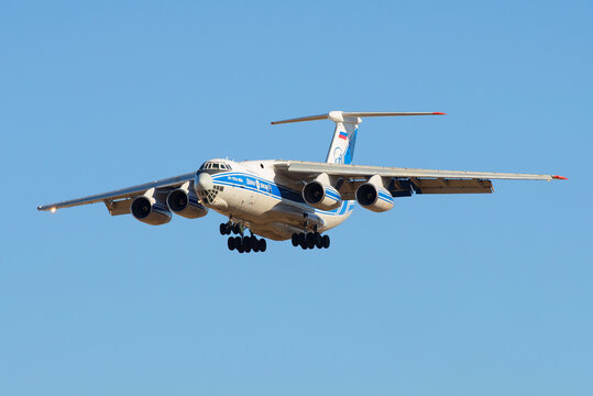 SAINT PETERSBURG, RUSSIA - MARCH 20, 2016: IL-76-TD-90 (RA-76952) aircraft of Volga-Dnepr company on a glide path