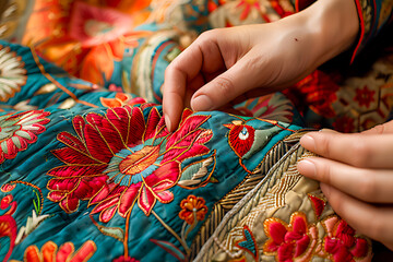 Detailed of skilled hands performing traditional Central Asian embroidery - obrazy, fototapety, plakaty