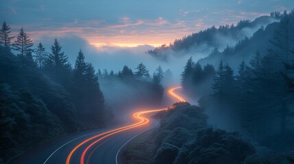 Twilight serenity on a winding mountain road - obrazy, fototapety, plakaty