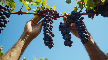 Raccolta nei vigneti, mani che afferrano delicatamente i grappoli d'uva, cielo azzurro di sfondo