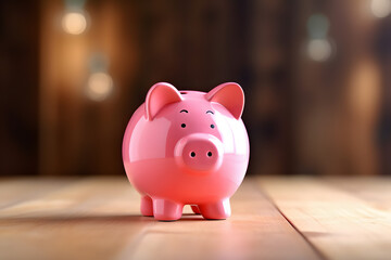 Cute pink piggy bank on a wooden table. Financial Concept