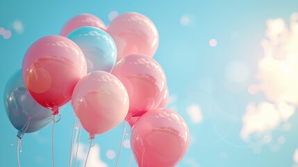 Pastel balloons floating in clear sky, freedom and joy, light-hearted celebration