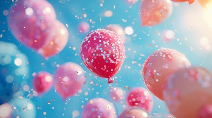 Pastel balloons floating in clear sky, freedom and joy, light-hearted celebration