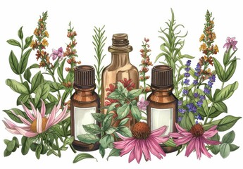 A detailed botanical illustration featuring essential oil bottles nestled among vibrant herbal flowers. - obrazy, fototapety, plakaty