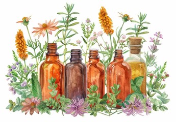 An artistic watercolor illustration of vintage bottles surrounded by various blooming herbal flowers. - obrazy, fototapety, plakaty