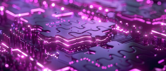 Puzzle of quantum computer on violet, soft backlight, wide angle, exploring AI is  limitless potential - obrazy, fototapety, plakaty
