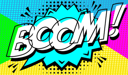 Boom depicted in bold colors pop art style with yellow and blue sunburst background, reminiscent of classic comic book exclamations