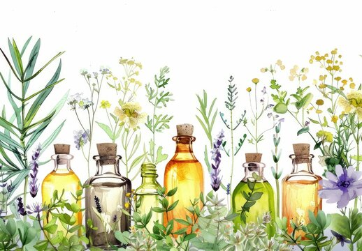 A delicate watercolor painting showcasing a collection of essential oil bottles with herbal flowers.