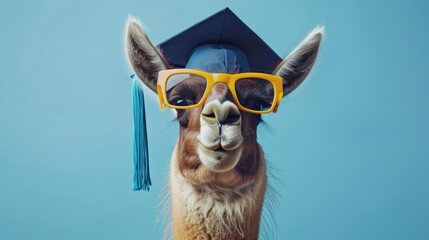 Fototapeta premium Celebrate milestones with our scholarly llama! Graduation cap, blue backdrop, front view. Perfect for proud moments