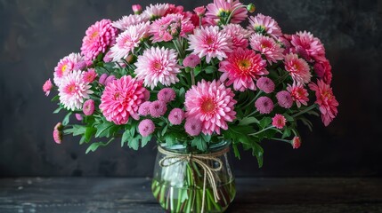   A vase, brimming with numerous pink blooms, sits atop a weathered wooden table The table faces a monochromatic black wall, while the floor beneath is also