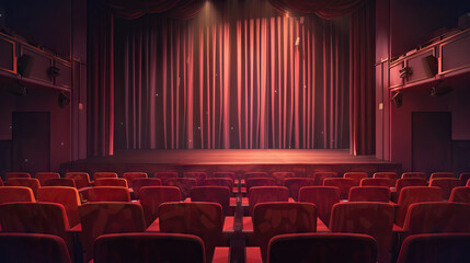 Abandoned Theater: Unoccupied Seats, Silent Stage, and Darkened Curtain, Preparing for the Next Theatrical Performance - obrazy, fototapety, plakaty