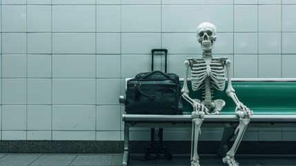 Time waste concept. Death human skeleton model on public transport station. Health care concept design.