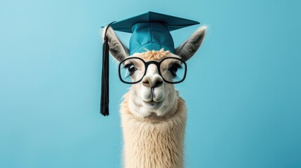 Obraz premium Celebrate milestones with our scholarly llama! Graduation cap, blue backdrop, front view. Perfect for proud moments