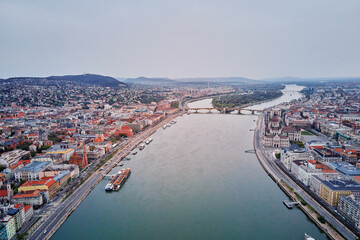 Panoramic view on skyline of Budapest along Danube River. Aerial view of capital of Hungary with...