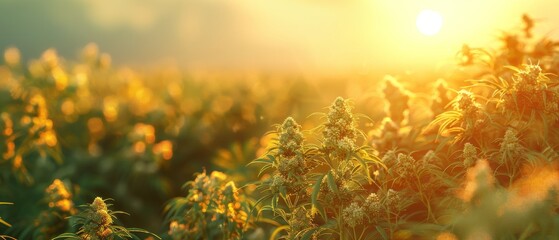 Sunrise over cannabis field, golden light, hope and new beginnings - obrazy, fototapety, plakaty