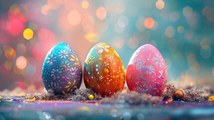 Naklejka premium Three vibrant Easter eggs on glittery table