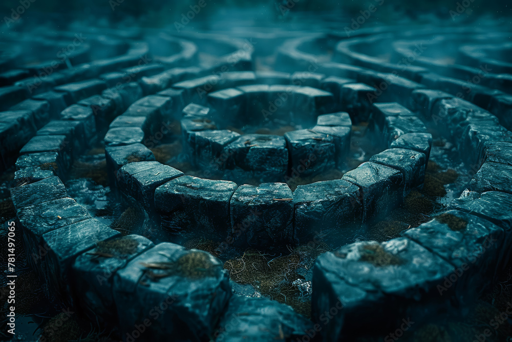 Poster a labyrinth with twisting pathways and hidden passages, challenging the courage and resilience of th