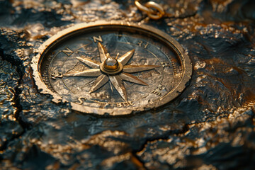 Fototapeta na wymiar A compass rose etched into the surface of an ancient map, guiding travelers on their quest for discovery and adventure. Concept of exploration and navigation. Generative Ai.
