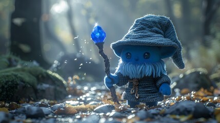 Wizard blueberry with crystal staff, swirling magic, ancient forest, twilight - obrazy, fototapety, plakaty