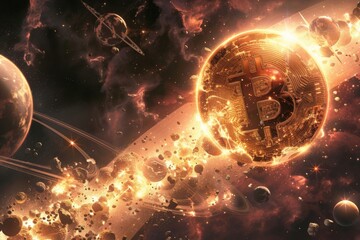 a bit coin flying through space surrounded by asteroids