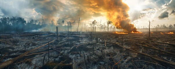 Wide panoramic image of a severe forest fire ablaze in a wooded area - obrazy, fototapety, plakaty
