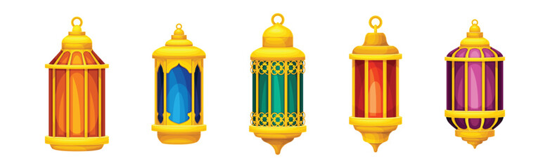 Arab Lantern with Golden Frame and Hoop Vector Set