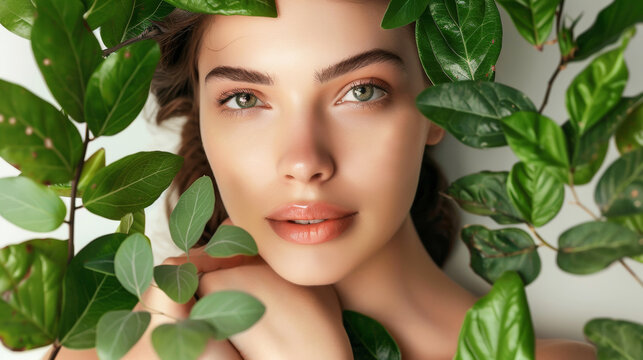 Primo piano sul visto di una bella donna adornato con lussureggianti foglie verdi. Concetto di trattamenti naturali di bellezza e cura della pelle