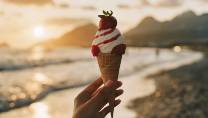 Female Hand holding strawberry ice cream cone on the beach at sunset