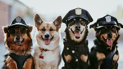 Dogs don police outfits on white background. Adorable law enforcers to melt your heart. - obrazy, fototapety, plakaty