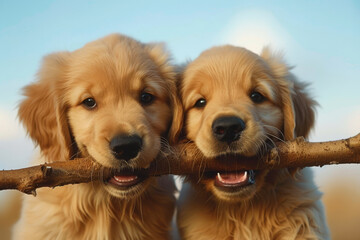 Due cuccioli di golden retriever di linea americana fissano divertiti la telecamera mentre afferrano un bastone di legno tra la bocca con sfondo cielo - 781498045