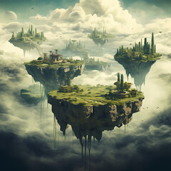A surreal landscape with floating islands in the sky