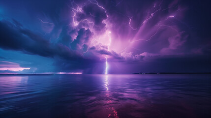 Thunderstorm with vivid lightning strike over ocean at night. - obrazy, fototapety, plakaty