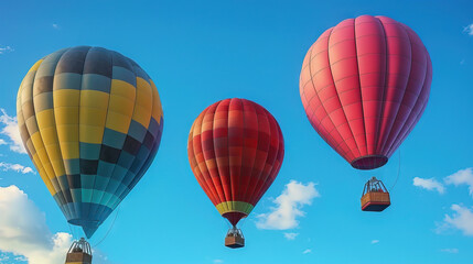 Naklejka premium Colorful hot air balloons floating in blue sky. Adventure and exploration theme