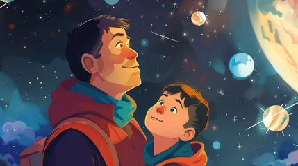 Foto op Aluminium Adventure of discovery and discovery unfolds as father and son embark on an exploration of the cosmos. Together, they gaze at stars, fostering a bond rooted in curiosity and imagination © Lila Patel