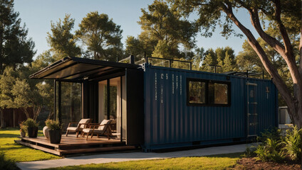 Minimalist shipping container home, showcasing modern design principles, embraced by the warmth of the sun.