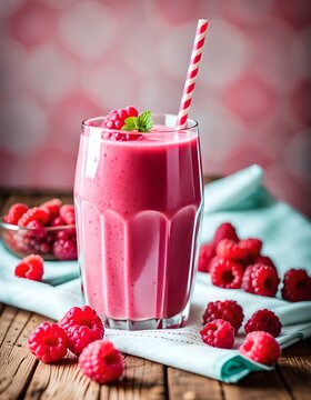 A delisious raspberry smoothie with a straw, standing on a folded napkin, on a wooden surface and a few raspberries lying nearby.