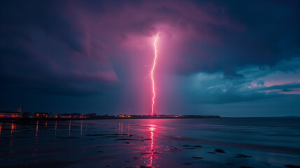 Naklejka na ściany i meble Thunderstorm with vivid lightning strike over ocean at night.