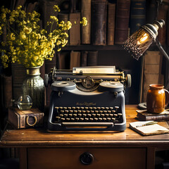 Fototapeta na wymiar A vintage typewriter on a rustic desk.